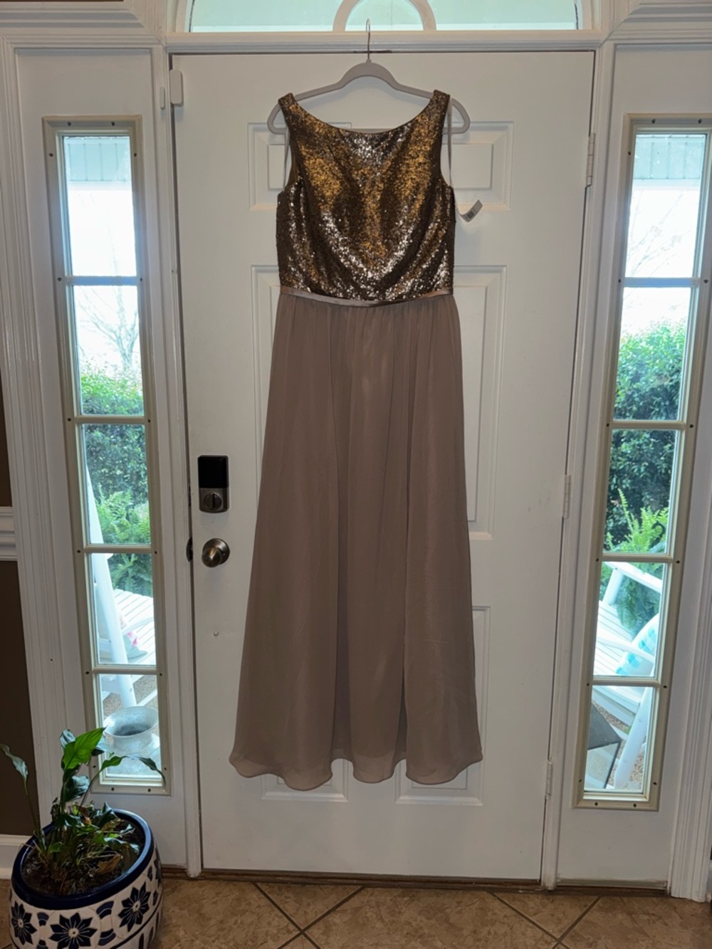 Christina Wu Gold Sequin Bodice Taupe Chiffon Maxi